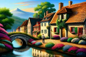 a painting of a village with a bridge and flowers. AI-Generated photo