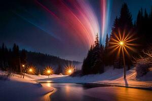 a colorful light trail is seen over a snowy river. AI-Generated photo