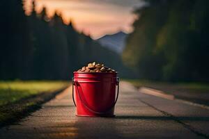 un rojo Cubeta lleno con nueces en el lado de un la carretera. generado por ai foto