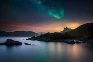 el Aurora luces brillar brillantemente terminado el agua y montañas. generado por ai foto