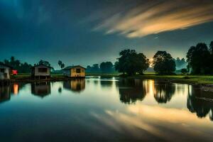 un lago con casas y arboles en el antecedentes. generado por ai foto