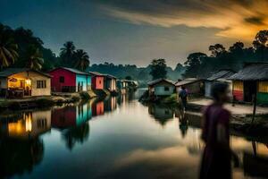 a man walks along a river in front of houses. AI-Generated photo