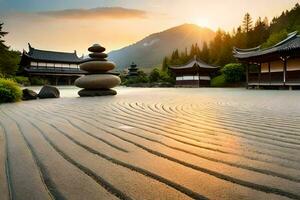 a zen garden at sunset. AI-Generated photo