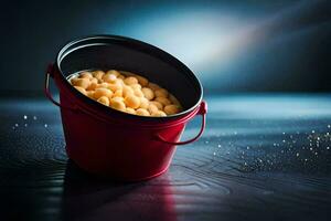 a bucket filled with food on a dark surface. AI-Generated photo