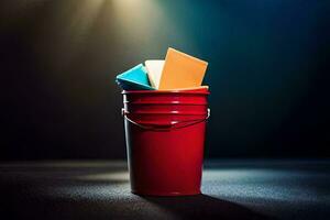 a red bucket with colorful pieces of paper inside. AI-Generated photo