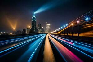 un largo exposición foto de un ciudad horizonte a noche. generado por ai