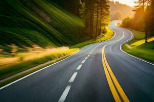 a long, winding road with trees and grass. AI-Generated photo