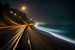 un largo exposición fotografía de un autopista a noche. generado por ai foto