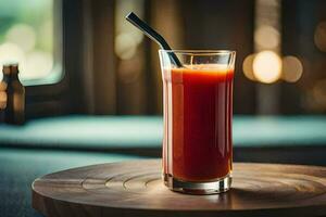 a glass of red juice sitting on a table. AI-Generated photo