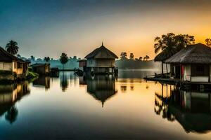 a beautiful sunrise over a lake with huts. AI-Generated photo