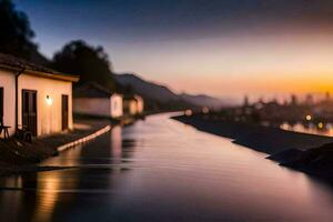 a river runs through a town at sunset. AI-Generated photo