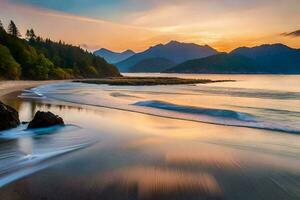 a beautiful sunset on the beach with waves crashing into the shore. AI-Generated photo