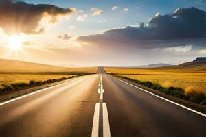 a long empty road with the sun shining in the distance. AI-Generated photo