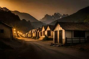 un pueblo a puesta de sol con casas y montañas en el antecedentes. generado por ai foto