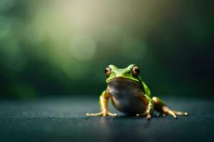 a frog sitting on a dark surface with a blurry background. AI-Generated photo