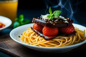 spaghetti with strawberries and meat on a plate. AI-Generated photo