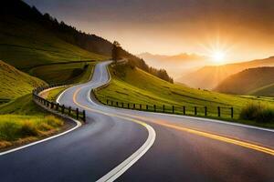 a winding road in the mountains with the sun setting. AI-Generated photo