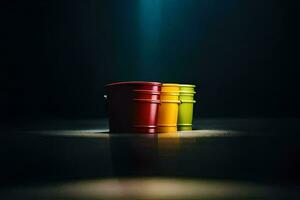 three colorful buckets on a dark floor. AI-Generated photo