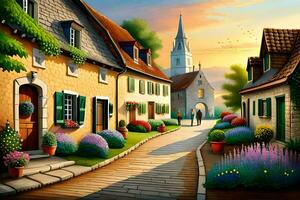 a painting of a street with flowers and houses. AI-Generated photo