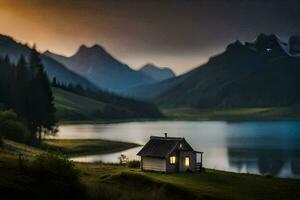 a small cabin sits on the edge of a lake at sunset. AI-Generated photo