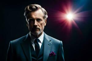 a man in a suit and tie standing in front of a bright light. AI-Generated photo