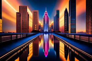 a city skyline with bright lights and reflections. AI-Generated photo