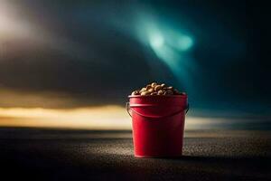 a red bucket filled with nuts on a dark road. AI-Generated photo