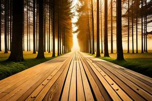 a long wooden path in the middle of a forest. AI-Generated photo