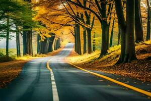 un vacío la carretera en el medio de un otoño bosque. generado por ai foto