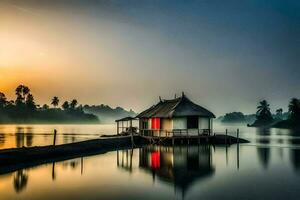 a small house sits on the shore of a lake at sunrise. AI-Generated photo