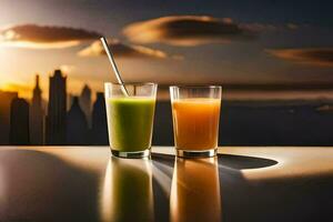 two glasses of juice with a city skyline in the background. AI-Generated photo