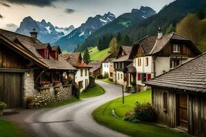 un la carretera en el montañas con casas y montañas en el antecedentes. generado por ai foto