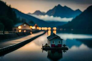 a small house on a dock in the middle of a lake. AI-Generated photo