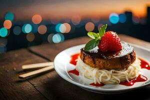 a plate with spaghetti and strawberries on top of a wooden table. AI-Generated photo