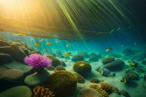 a fish swims in the ocean with coral and an anemone. AI-Generated photo