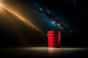 a red bucket sits in front of a galaxy. AI-Generated photo