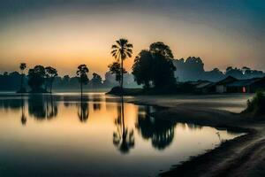 un lago con palma arboles y un casa a puesta de sol. generado por ai foto