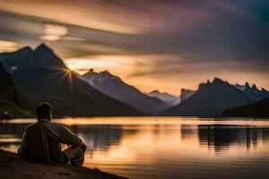 un hombre sentado en el apuntalar de un lago a puesta de sol. generado por ai foto