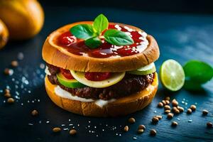 a hamburger with tomatoes, cheese and basil. AI-Generated photo