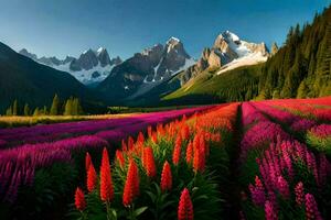 el flores en el campo son en floración y el montañas son en el antecedentes. generado por ai foto