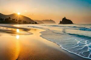 the sun rises over the ocean and the waves on the beach. AI-Generated photo