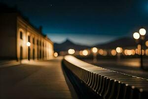 un largo banco es sentado en un acera a noche. generado por ai foto