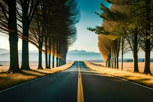 a long road with trees lining the road. AI-Generated photo