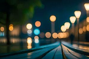 a long wooden bench with lights on it at night. AI-Generated photo