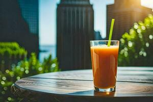 a glass of orange juice on a table in front of a city skyline. AI-Generated photo