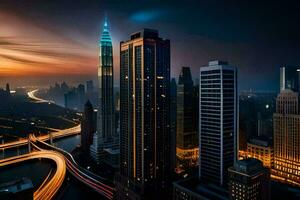 el ciudad horizonte a noche con tráfico luces. generado por ai foto