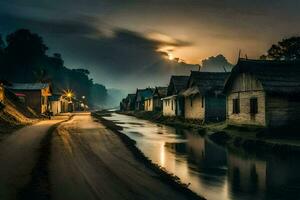 a road in the village at night with houses and a river. AI-Generated photo