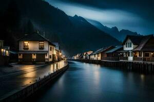 a river runs through a town at night. AI-Generated photo