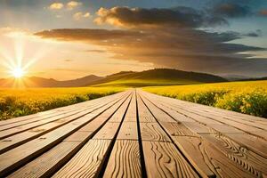 wooden boardwalk in the sunset. AI-Generated photo