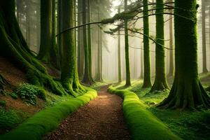 a path through a green forest with mossy trees. AI-Generated photo